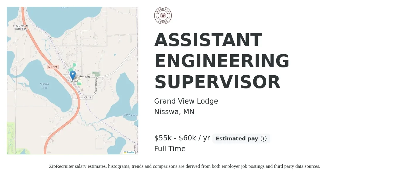 Grand View Lodge job posting for a ASSISTANT ENGINEERING SUPERVISOR in Nisswa, MN with a salary of $55,000 to $60,000 Yearly with a map of Nisswa location.