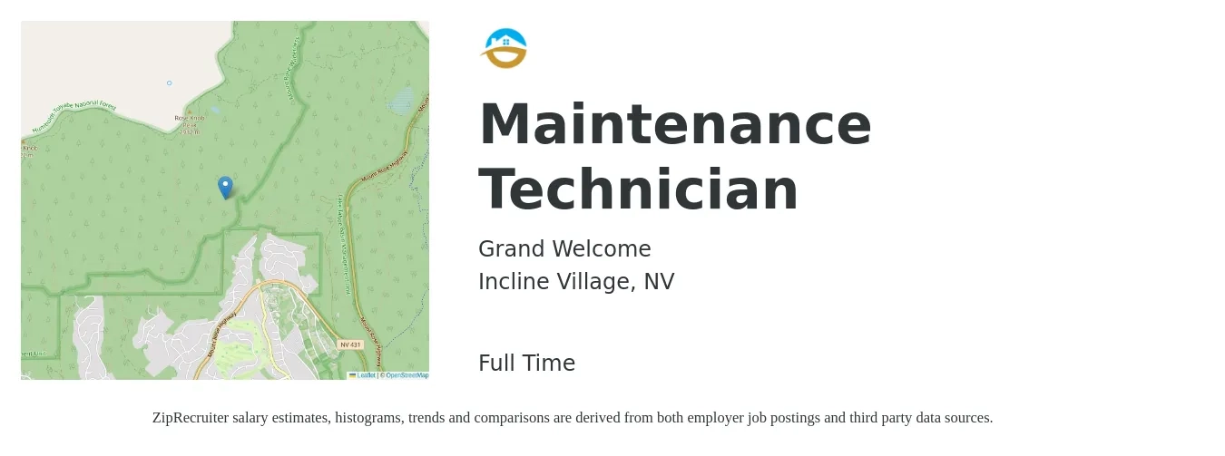 Grand Welcome job posting for a Maintenance Technician in Incline Village, NV with a salary of $26 Hourly with a map of Incline Village location.