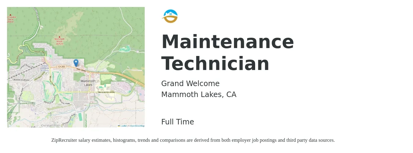 Grand Welcome job posting for a Maintenance Technician in Mammoth Lakes, CA with a salary of $20 to $22 Hourly with a map of Mammoth Lakes location.