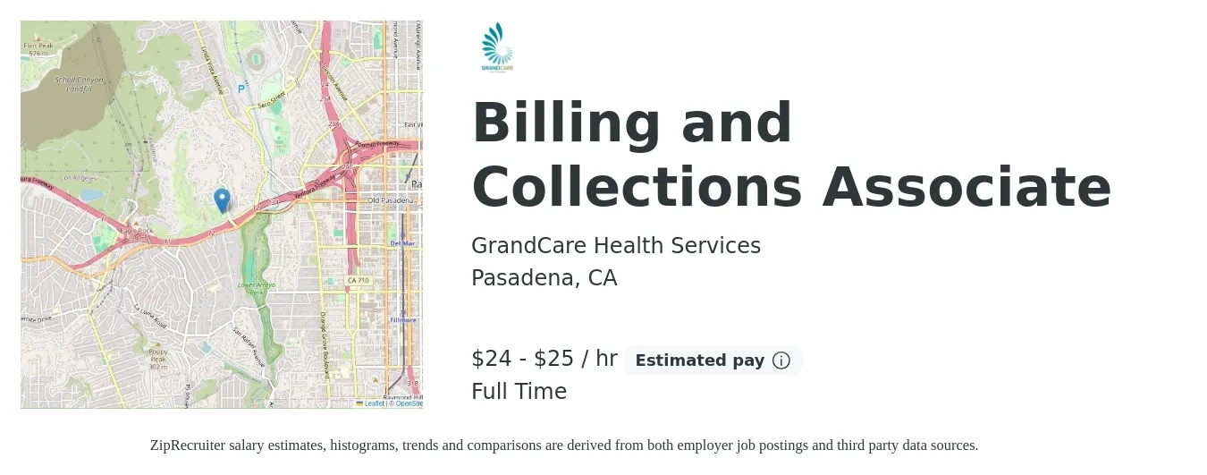 GrandCare Health Services job posting for a Billing and Collections Associate in Pasadena, CA with a salary of $25 to $27 Hourly with a map of Pasadena location.
