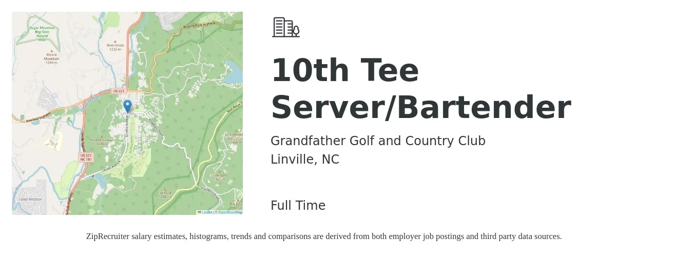 Grandfather Golf and Country Club job posting for a 10th Tee Server/Bartender in Linville, NC with a salary of $9 to $16 Hourly with a map of Linville location.