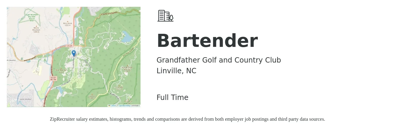 Grandfather Golf and Country Club job posting for a Bartender in Linville, NC with a salary of $9 to $16 Hourly with a map of Linville location.