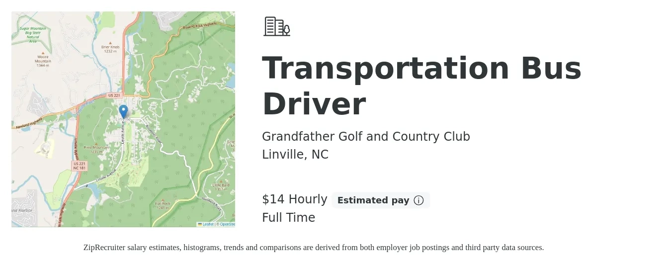 Grandfather Golf and Country Club job posting for a Transportation Bus Driver in Linville, NC with a salary of $15 Hourly with a map of Linville location.