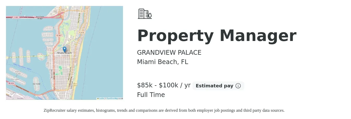 GRANDVIEW PALACE job posting for a Property Manager in Miami Beach, FL with a salary of $85,000 to $100,000 Yearly with a map of Miami Beach location.