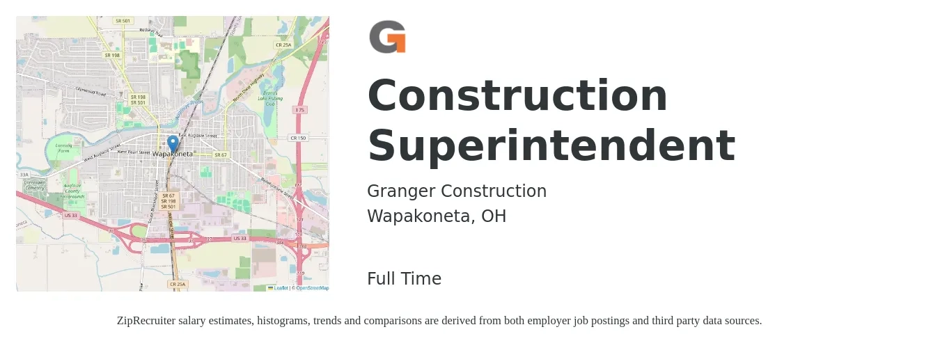 Granger Construction job posting for a Construction Superintendent in Wapakoneta, OH with a salary of $66,200 to $107,700 Yearly with a map of Wapakoneta location.