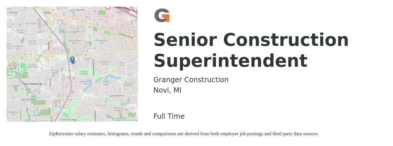 Granger Construction job posting for a Senior Construction Superintendent in Novi, MI with a salary of $76,300 to $115,400 Yearly with a map of Novi location.