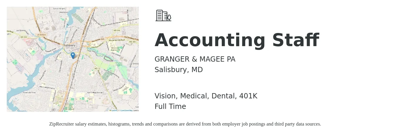 GRANGER & MAGEE PA job posting for a Accounting Staff in Salisbury, MD with a salary of $54,300 to $71,600 Yearly and benefits including 401k, dental, life_insurance, medical, and vision with a map of Salisbury location.