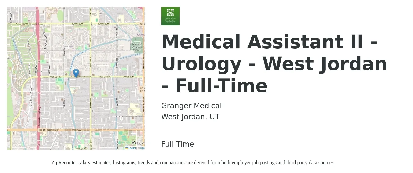 Granger Medical job posting for a Medical Assistant II - Urology - West Jordan - Full-Time in West Jordan, UT with a salary of $16 to $22 Hourly with a map of West Jordan location.