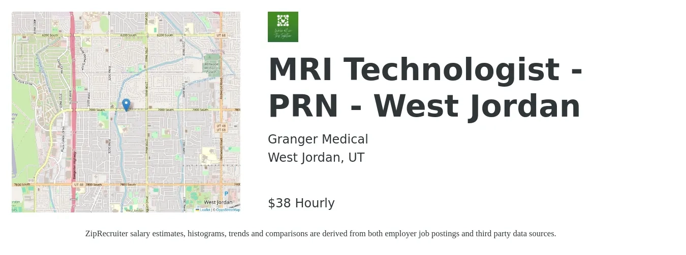 Granger Medical job posting for a MRI Technologist - PRN - West Jordan in West Jordan, UT with a salary of $40 Hourly with a map of West Jordan location.