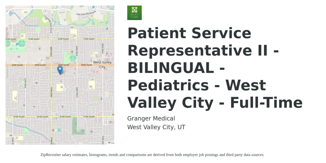 Granger Medical job posting for a Patient Service Representative II - BILINGUAL - Pediatrics - West Valley City - Full-Time in West Valley City, UT with a salary of $15 to $22 Hourly with a map of West Valley City location.