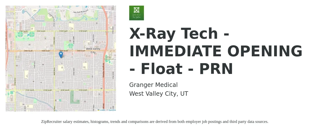 Granger Medical job posting for a X-Ray Tech - IMMEDIATE OPENING - Float - PRN in West Valley City, UT with a salary of $1,740 to $2,500 Weekly with a map of West Valley City location.