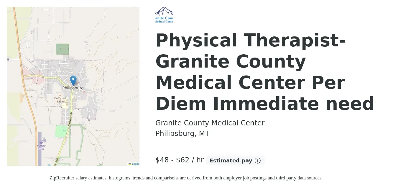 Granite County Medical Center job posting for a Physical Therapist-Granite County Medical Center Per Diem Immediate need in Philipsburg, MT with a salary of $40 to $55 Hourly with a map of Philipsburg location.
