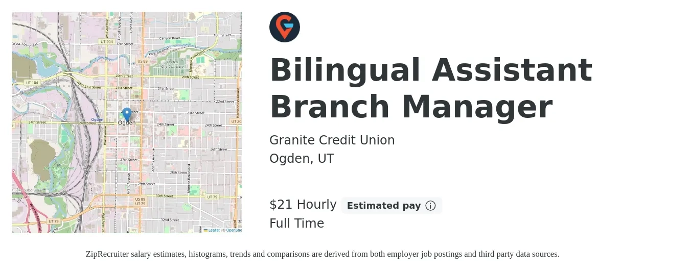 Granite Credit Union job posting for a Bilingual Assistant Branch Manager in Ogden, UT with a salary of $22 Hourly with a map of Ogden location.