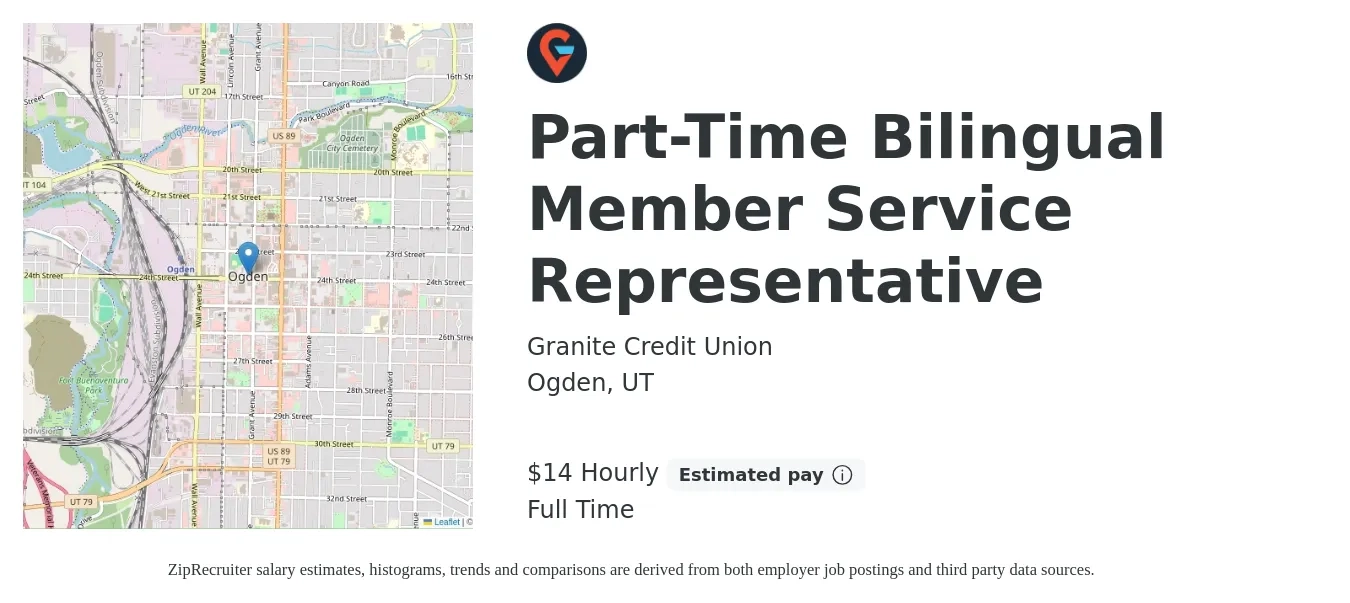 Granite Credit Union job posting for a Part-Time Bilingual Member Service Representative in Ogden, UT with a salary of $15 Hourly with a map of Ogden location.