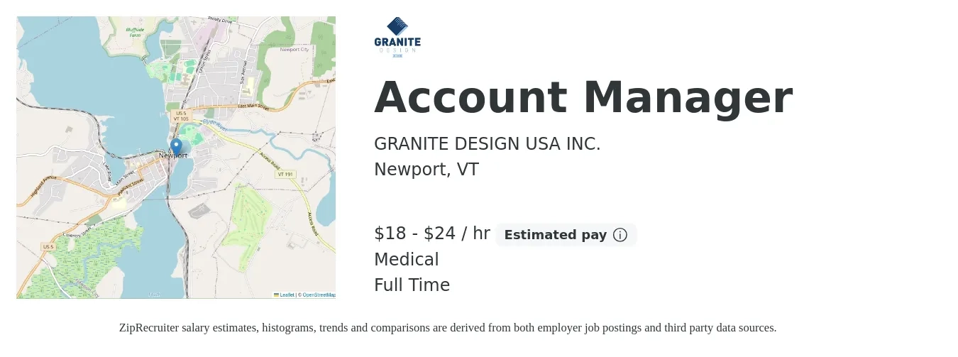 GRANITE DESIGN USA INC. job posting for a Account Manager in Newport, VT with a salary of $19 to $25 Hourly and benefits including medical, and retirement with a map of Newport location.