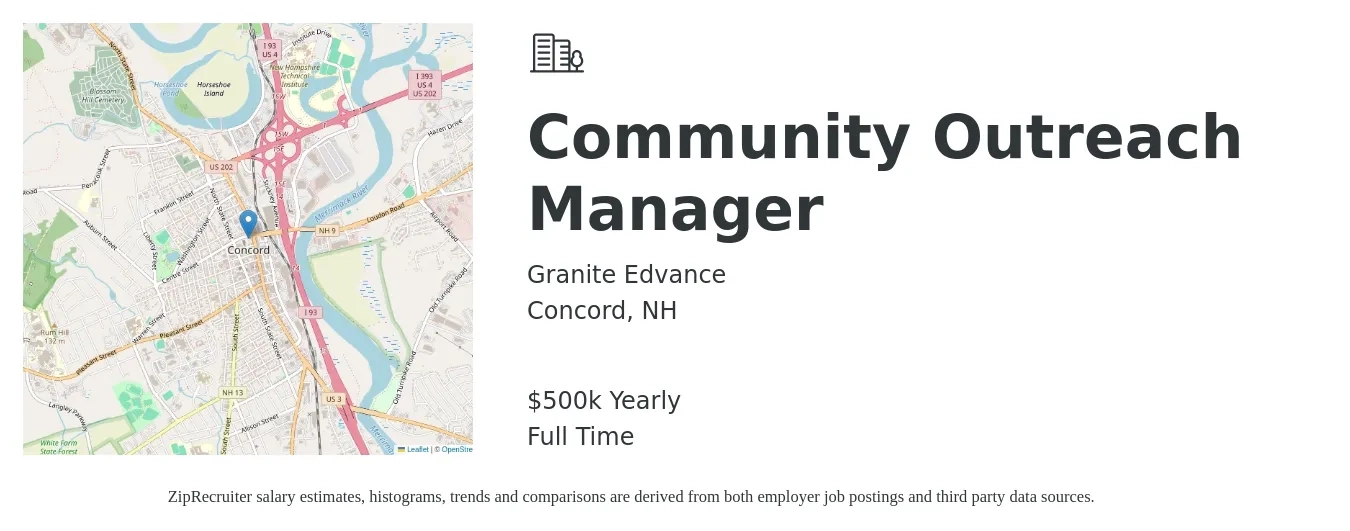 Granite Edvance job posting for a Community Outreach Manager in Concord, NH with a salary of $500,000 Yearly with a map of Concord location.