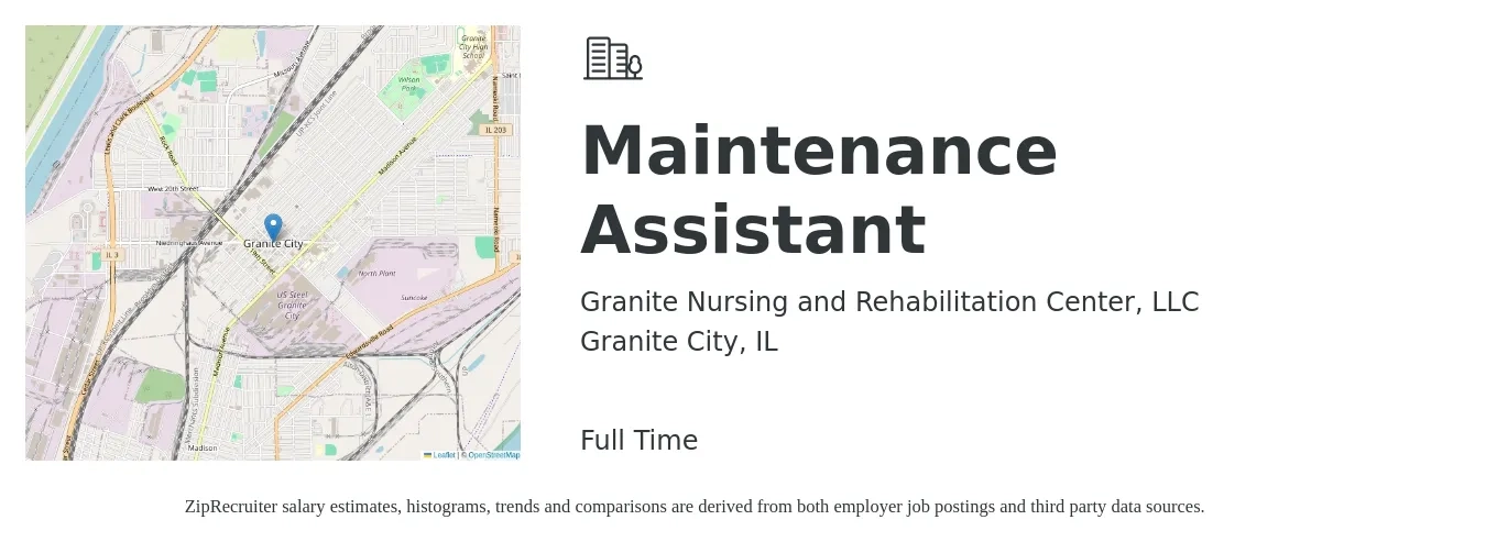 Granite Nursing and Rehabilitation Center, LLC job posting for a Maintenance Assistant in Granite City, IL with a salary of $16 to $20 Hourly with a map of Granite City location.