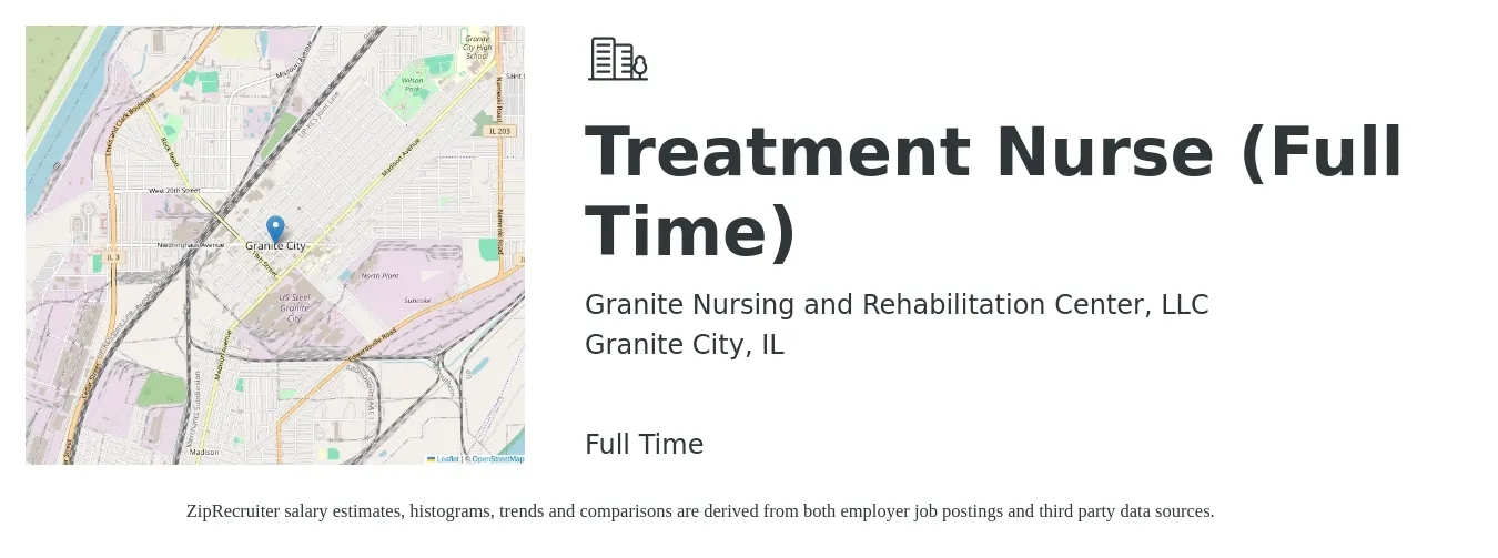 Granite Nursing and Rehabilitation Center, LLC job posting for a Treatment Nurse (Full Time) in Granite City, IL with a salary of $29 to $43 Hourly with a map of Granite City location.