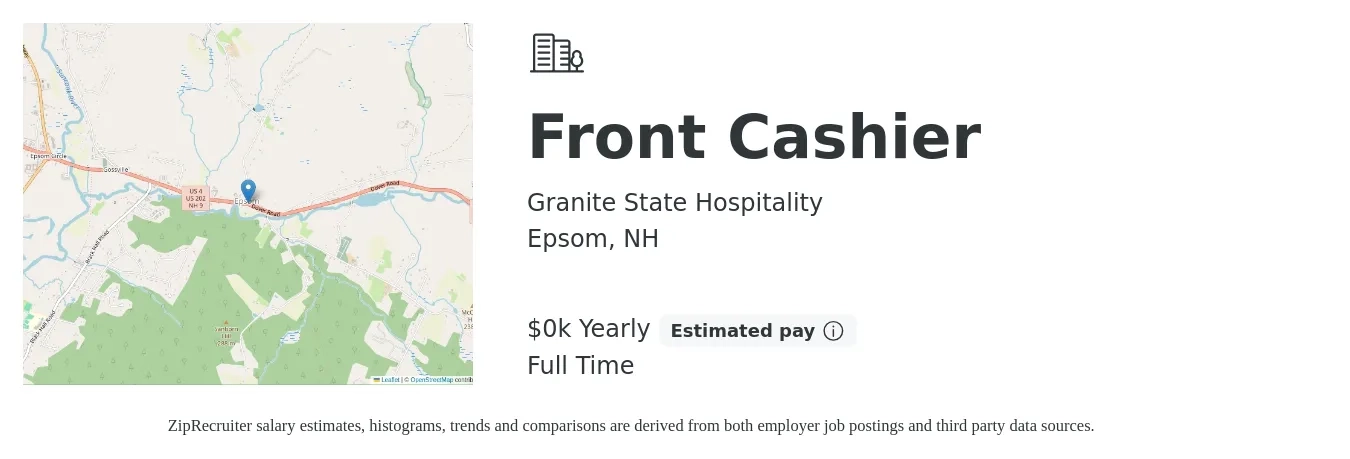 Granite State Hospitality job posting for a Front Cashier in Epsom, NH with a salary of $16 to $17 Yearly with a map of Epsom location.