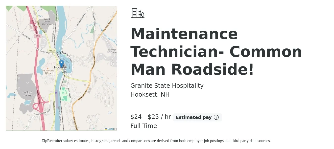 Granite State Hospitality job posting for a Maintenance Technician- Common Man Roadside! in Hooksett, NH with a salary of $25 to $27 Hourly with a map of Hooksett location.