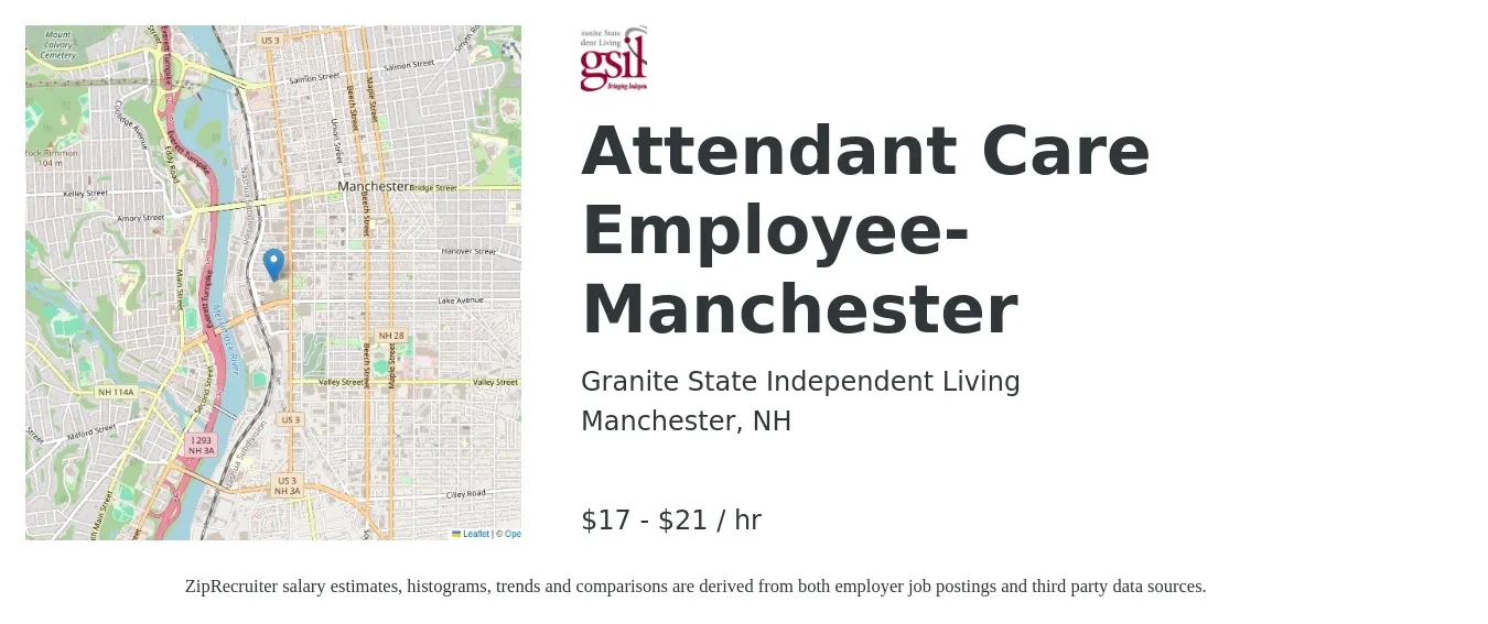 Granite State Independent Living job posting for a Attendant Care Employee-Manchester in Manchester, NH with a salary of $18 to $22 Hourly with a map of Manchester location.