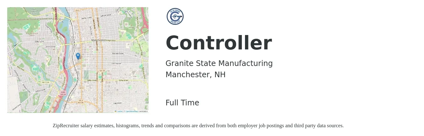 Granite State Manufacturing job posting for a Controller in Manchester, NH with a salary of $96,600 to $137,900 Yearly with a map of Manchester location.