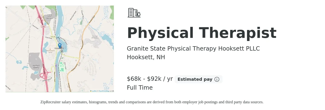 Granite State Physical Therapy Hooksett PLLC job posting for a Physical Therapist in Hooksett, NH with a salary of $68,000 to $92,000 Yearly with a map of Hooksett location.