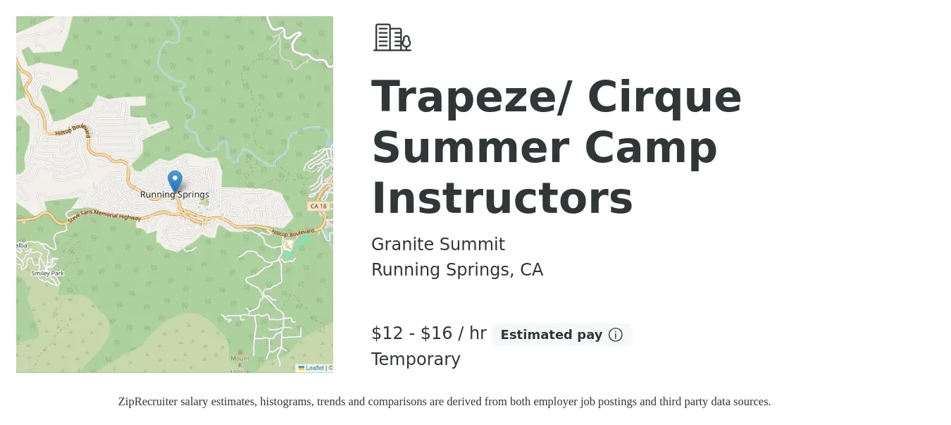 Granite Summit job posting for a Trapeze/ Cirque Summer Camp Instructors in Running Springs, CA with a salary of $500 to $700 Weekly with a map of Running Springs location.