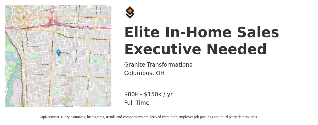 Granite Transformations job posting for a Elite In-Home Sales Executive Needed in Columbus, OH with a salary of $80,000 to $150,000 Yearly with a map of Columbus location.