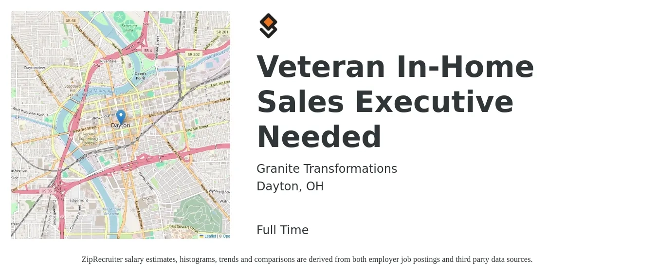 Granite Transformations job posting for a Veteran In-Home Sales Executive Needed in Dayton, OH with a salary of $52,000 to $90,400 Yearly with a map of Dayton location.