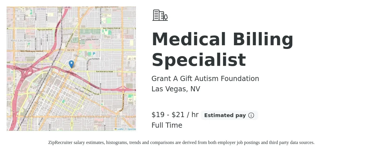 Grant A Gift Autism Foundation job posting for a Medical Billing Specialist in Las Vegas, NV with a salary of $20 to $22 Hourly with a map of Las Vegas location.