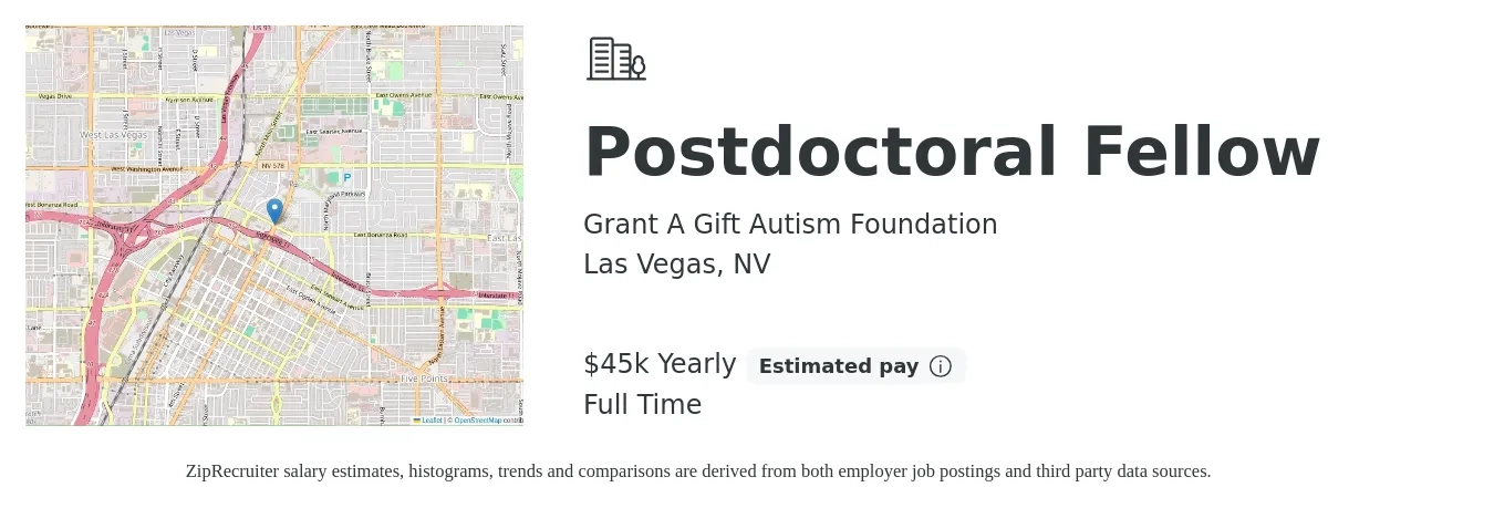 Grant A Gift Autism Foundation job posting for a Postdoctoral Fellow in Las Vegas, NV with a salary of $45,900 Yearly with a map of Las Vegas location.