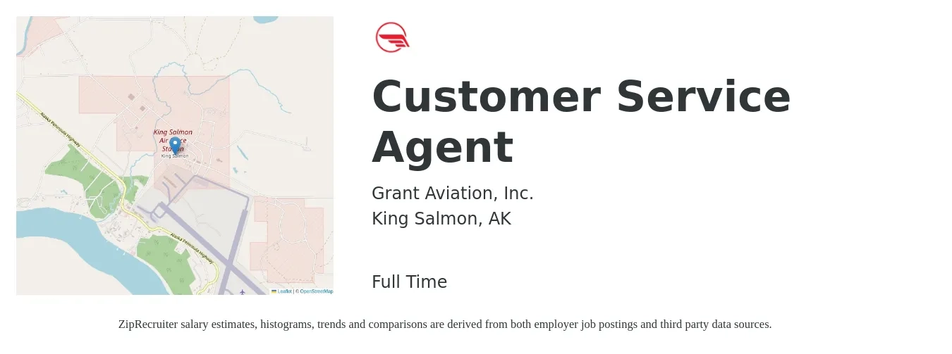 Grant Aviation, Inc. job posting for a Customer Service Agent in King Salmon, AK with a salary of $18 to $24 Hourly with a map of King Salmon location.