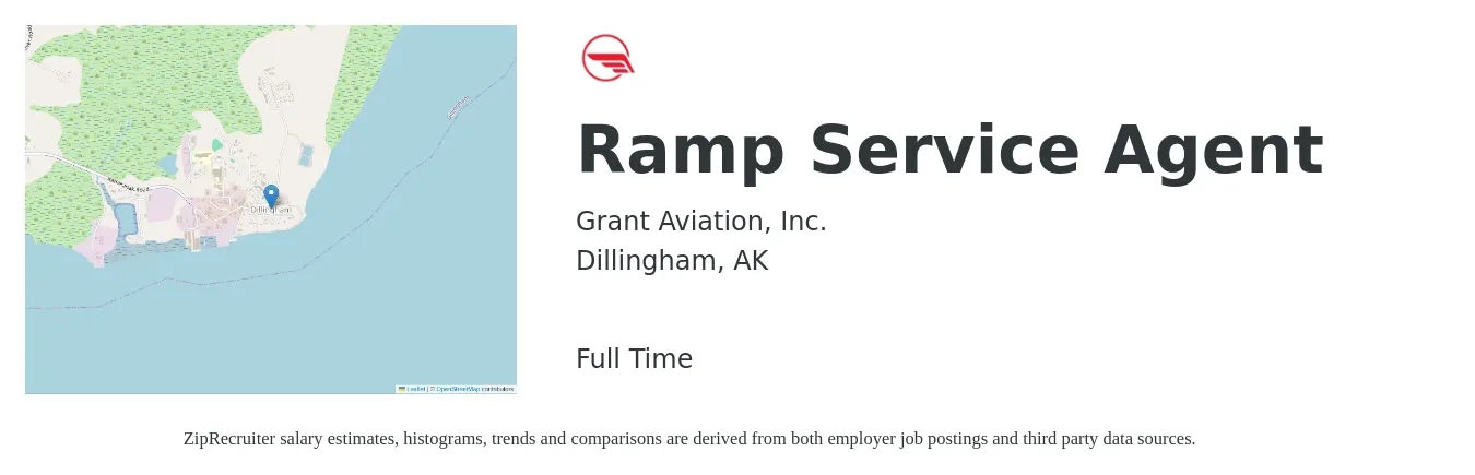 Grant Aviation, Inc. job posting for a Ramp Service Agent in Dillingham, AK with a salary of $18 to $25 Hourly with a map of Dillingham location.
