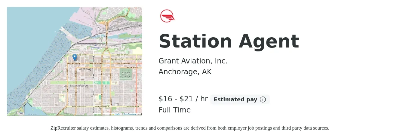 Grant Aviation, Inc. job posting for a Station Agent in Anchorage, AK with a salary of $17 to $22 Hourly with a map of Anchorage location.