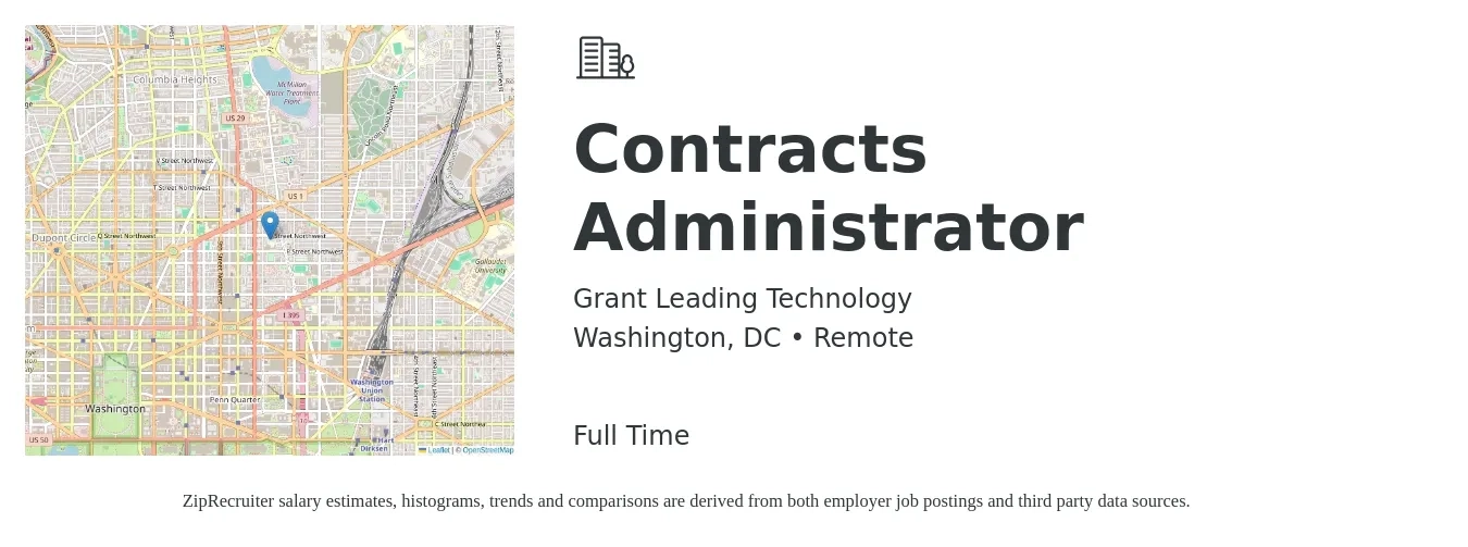 Grant Leading Technology job posting for a Contracts Administrator in Washington, DC with a salary of $64,300 to $99,300 Yearly with a map of Washington location.