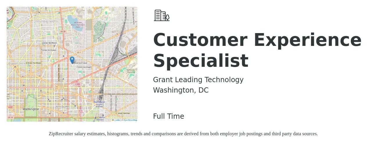Grant Leading Technology job posting for a Customer Experience Specialist in Washington, DC with a salary of $20 to $25 Hourly with a map of Washington location.