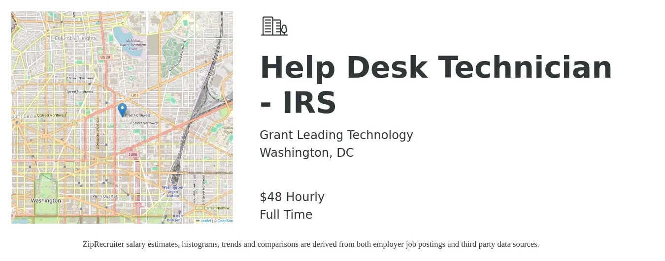 Grant Leading Technology job posting for a Help Desk Technician - IRS in Washington, DC with a salary of $50 Hourly with a map of Washington location.