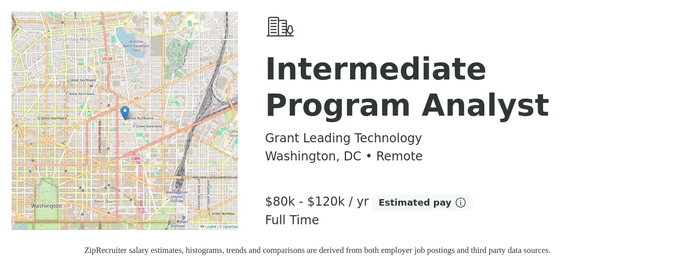 Grant Leading Technology job posting for a Intermediate Program Analyst in Washington, DC with a salary of $80,000 to $120,000 Yearly with a map of Washington location.