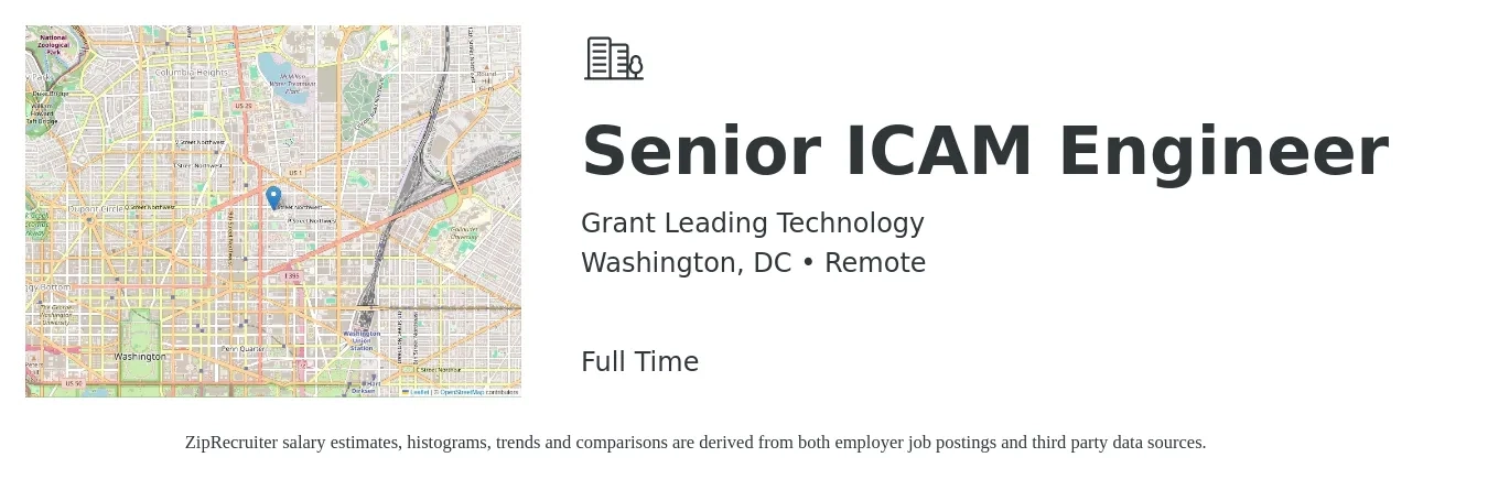Grant Leading Technology job posting for a Senior ICAM Engineer in Washington, DC with a salary of $93,700 to $130,300 Yearly with a map of Washington location.
