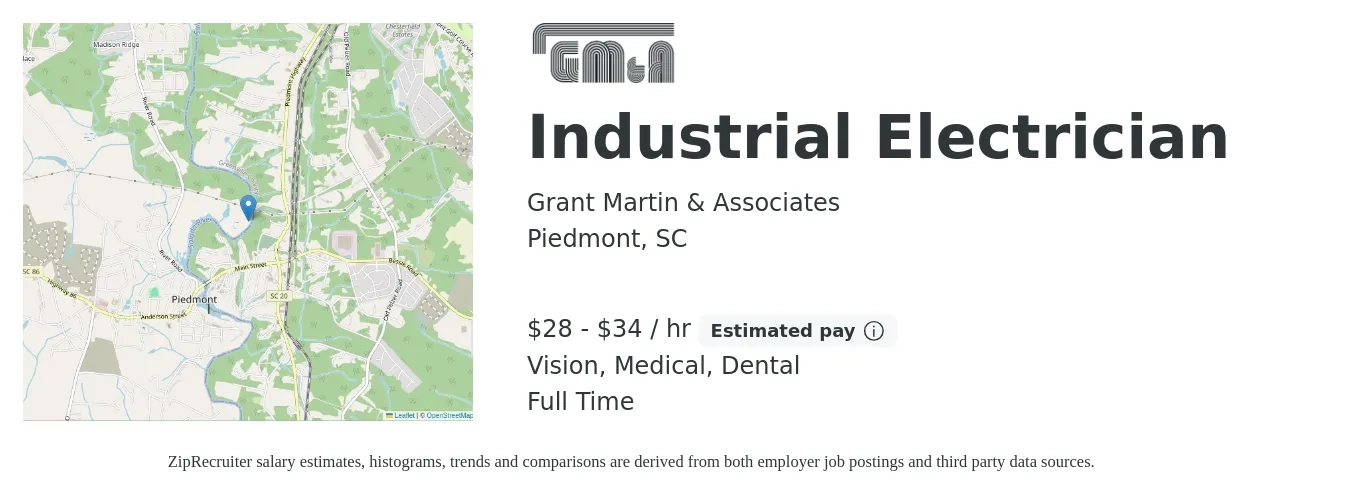 Grant Martin & Associates job posting for a Industrial Electrician in Piedmont, SC with a salary of $29 to $36 Hourly and benefits including retirement, vision, dental, life_insurance, and medical with a map of Piedmont location.