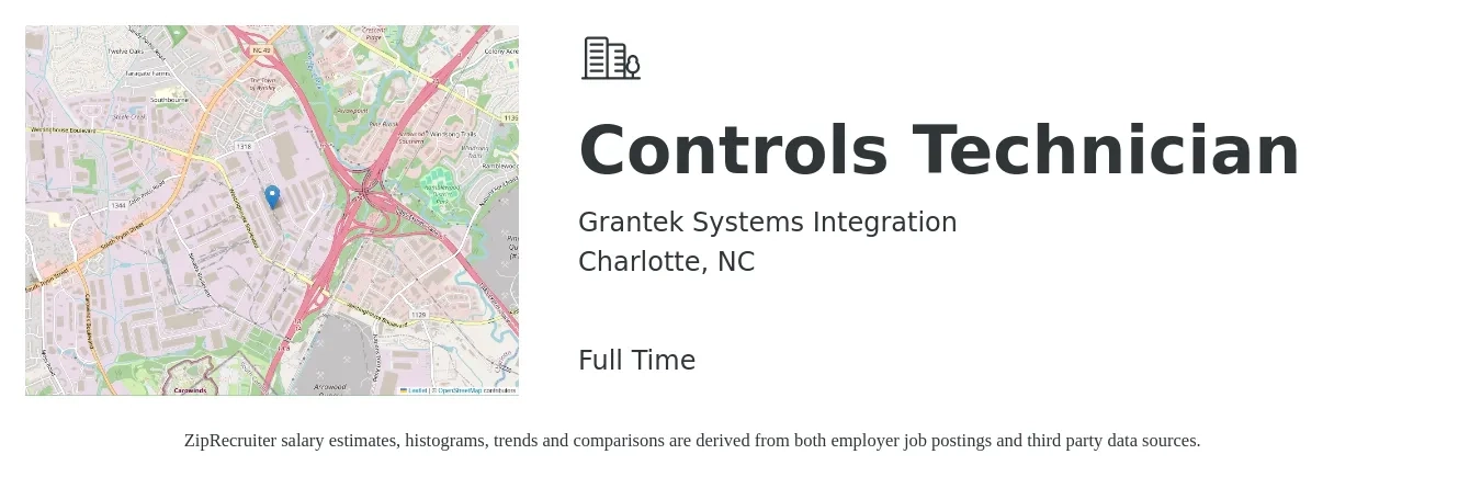 Grantek Systems Integration job posting for a Controls Technician in Charlotte, NC with a salary of $29 to $38 Hourly with a map of Charlotte location.