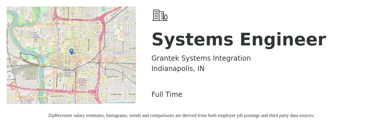 Grantek Systems Integration job posting for a Systems Engineer in Indianapolis, IN with a salary of $93,700 to $150,100 Yearly with a map of Indianapolis location.