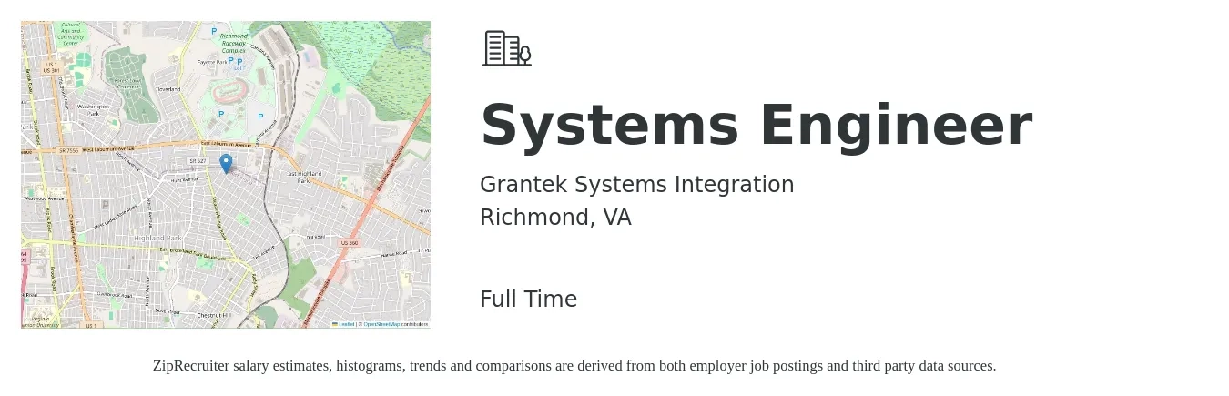 Grantek Systems Integration job posting for a Systems Engineer in Richmond, VA with a salary of $97,000 to $155,400 Yearly with a map of Richmond location.