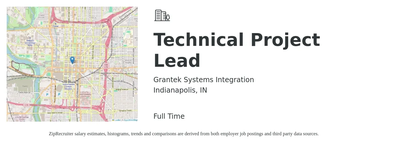 Grantek Systems Integration job posting for a Technical Project Lead in Indianapolis, IN with a salary of $40 to $63 Hourly with a map of Indianapolis location.