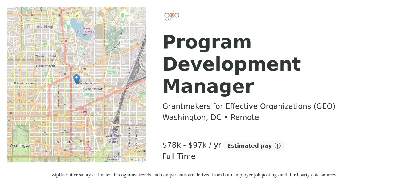 Grantmakers for Effective Organizations (GEO) job posting for a Program Development Manager in Washington, DC with a salary of $78,000 to $97,000 Yearly with a map of Washington location.