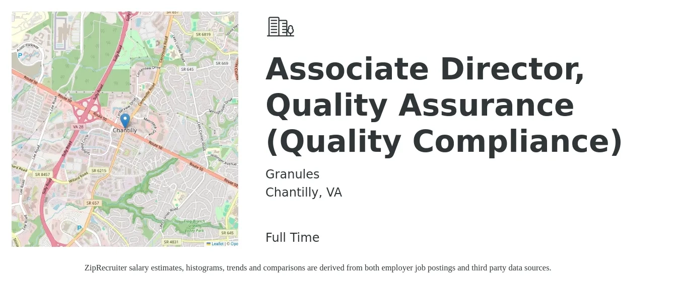 Granules job posting for a Associate Director, Quality Assurance (Quality Compliance) in Chantilly, VA with a salary of $106,500 to $174,700 Yearly with a map of Chantilly location.