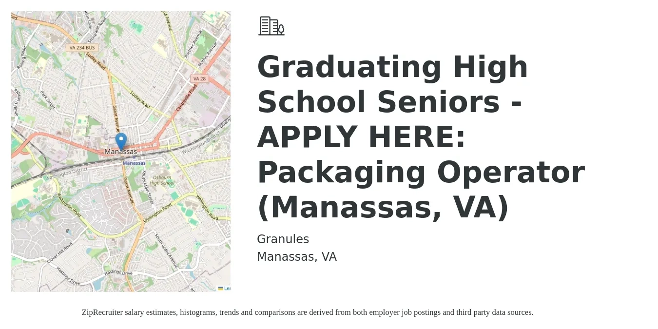 Granules job posting for a Graduating High School Seniors - APPLY HERE: Packaging Operator (Manassas, VA) in Manassas, VA with a salary of $16 to $19 Hourly with a map of Manassas location.