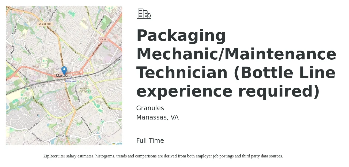 Granules job posting for a Packaging Mechanic/Maintenance Technician (Bottle Line experience required) in Manassas, VA with a salary of $21 to $30 Hourly with a map of Manassas location.
