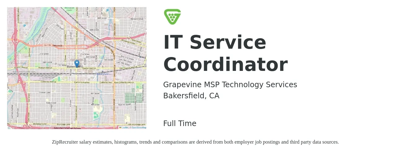 Grapevine MSP Technology Services job posting for a IT Service Coordinator in Bakersfield, CA with a salary of $23 to $33 Hourly with a map of Bakersfield location.